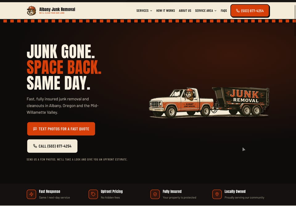 Screenshot of the Albany Junk Removal website homepage