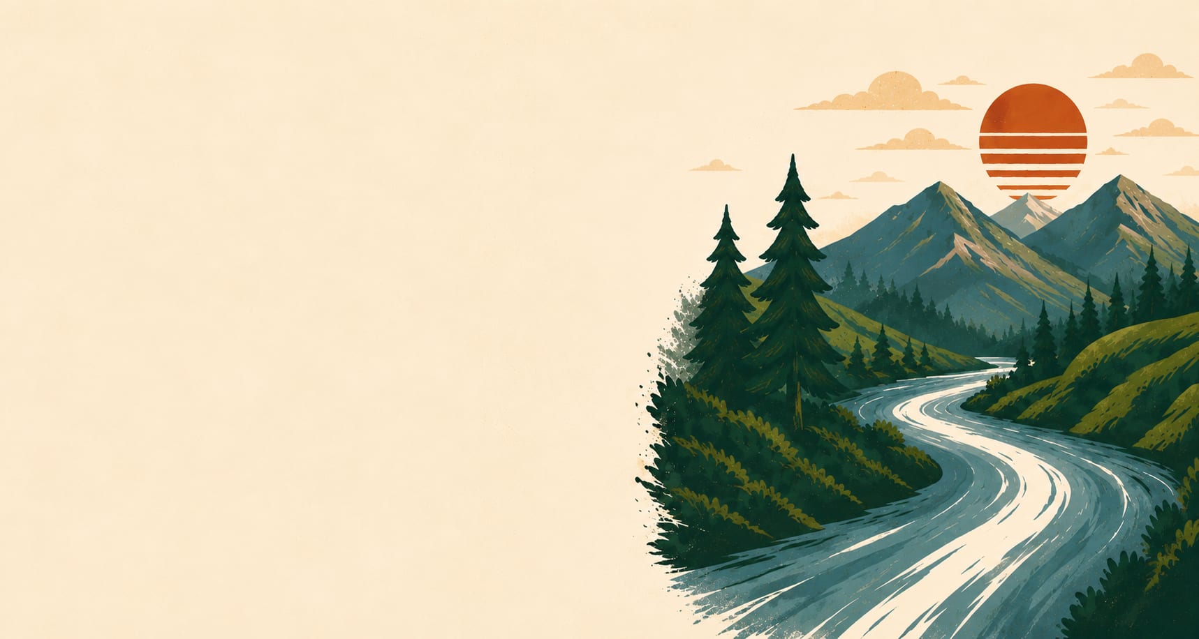 Illustration of the Willamette Valley: a river winding between forested hills under a setting sun